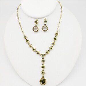 Avon Brilliant Bezel Y Drop Necklace & Earring Set Olivine Gold Tone Demi Parure